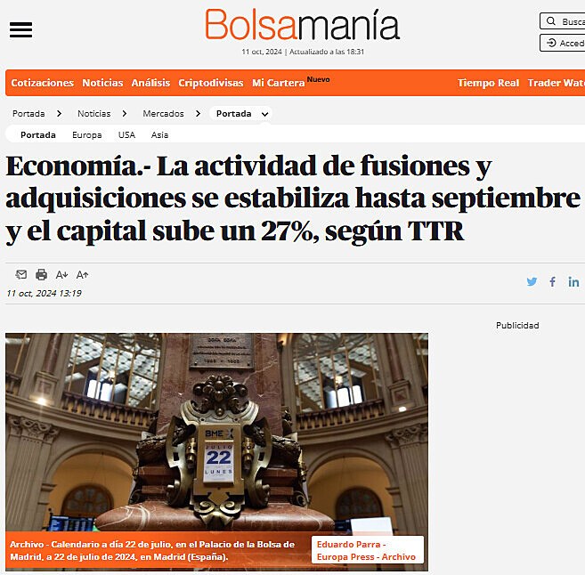 Economa.- La actividad de fusiones y adquisiciones se estabiliza hasta septiembre y el capital sube un 27%, segn TTR